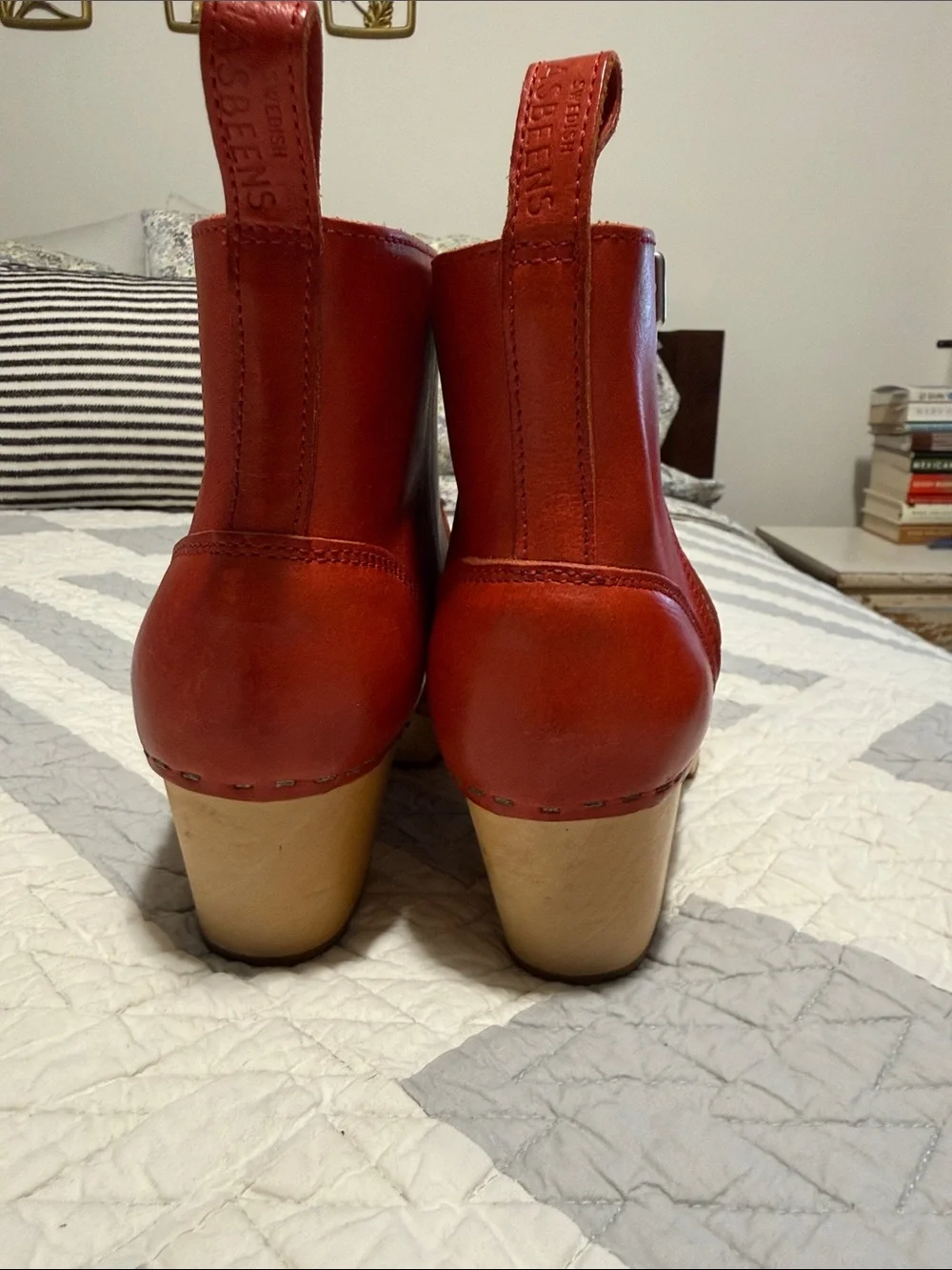 Swedish Hasbeens Red Leather Zip Clog Ankle Boots